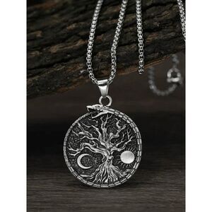 STAINLESS STEEL TREE OF LIFE SUN MOON SNAKE UNISEX PENDANT NECKLACE